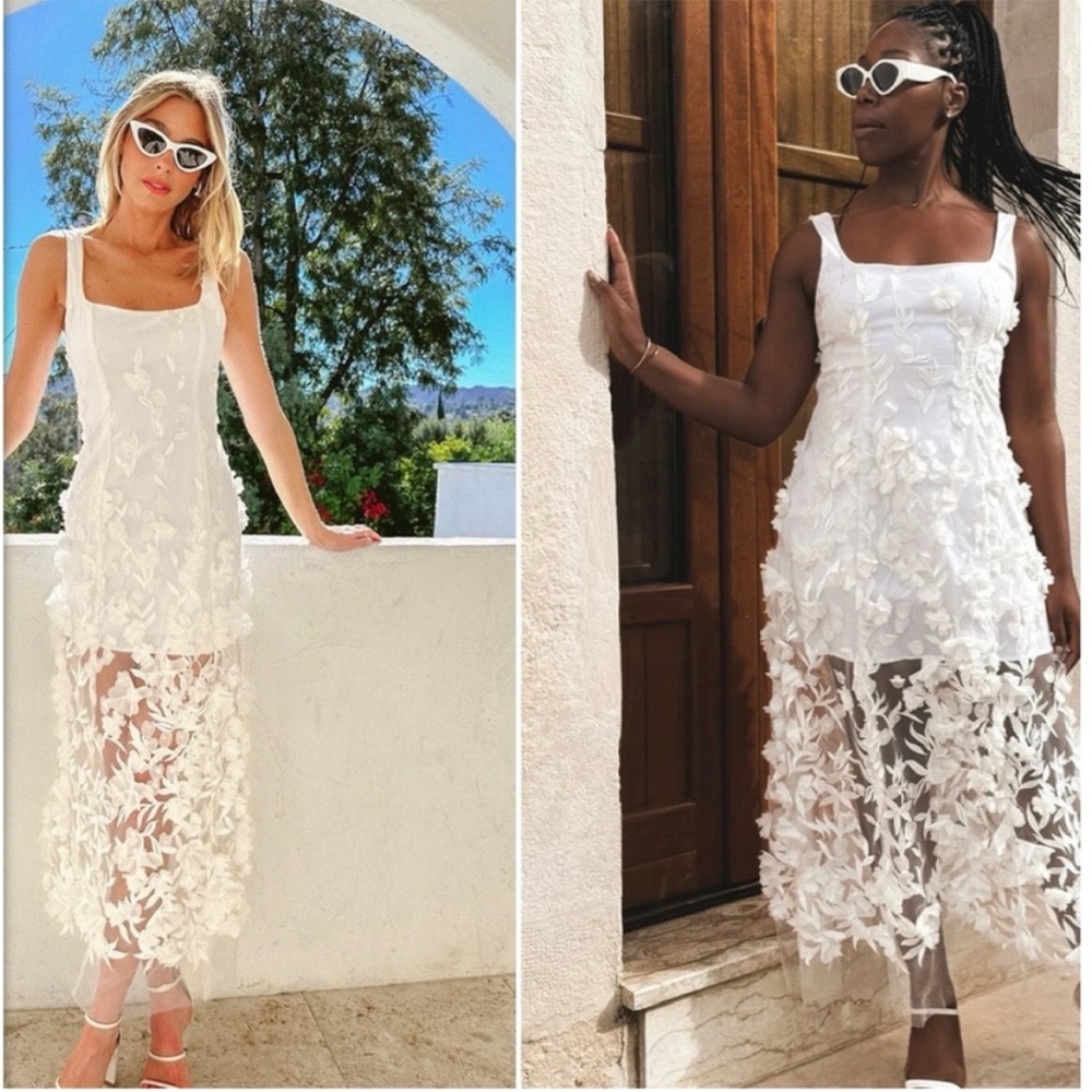 Show Me Your MuMu White Floral Appliqué Sheer Midi Dress